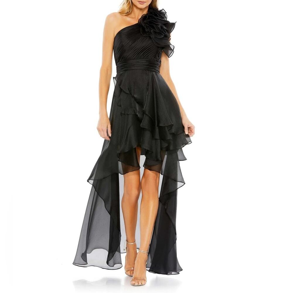 Mac Duggal Black One-Shoulder High-Low Ruffled Cocktail Dress